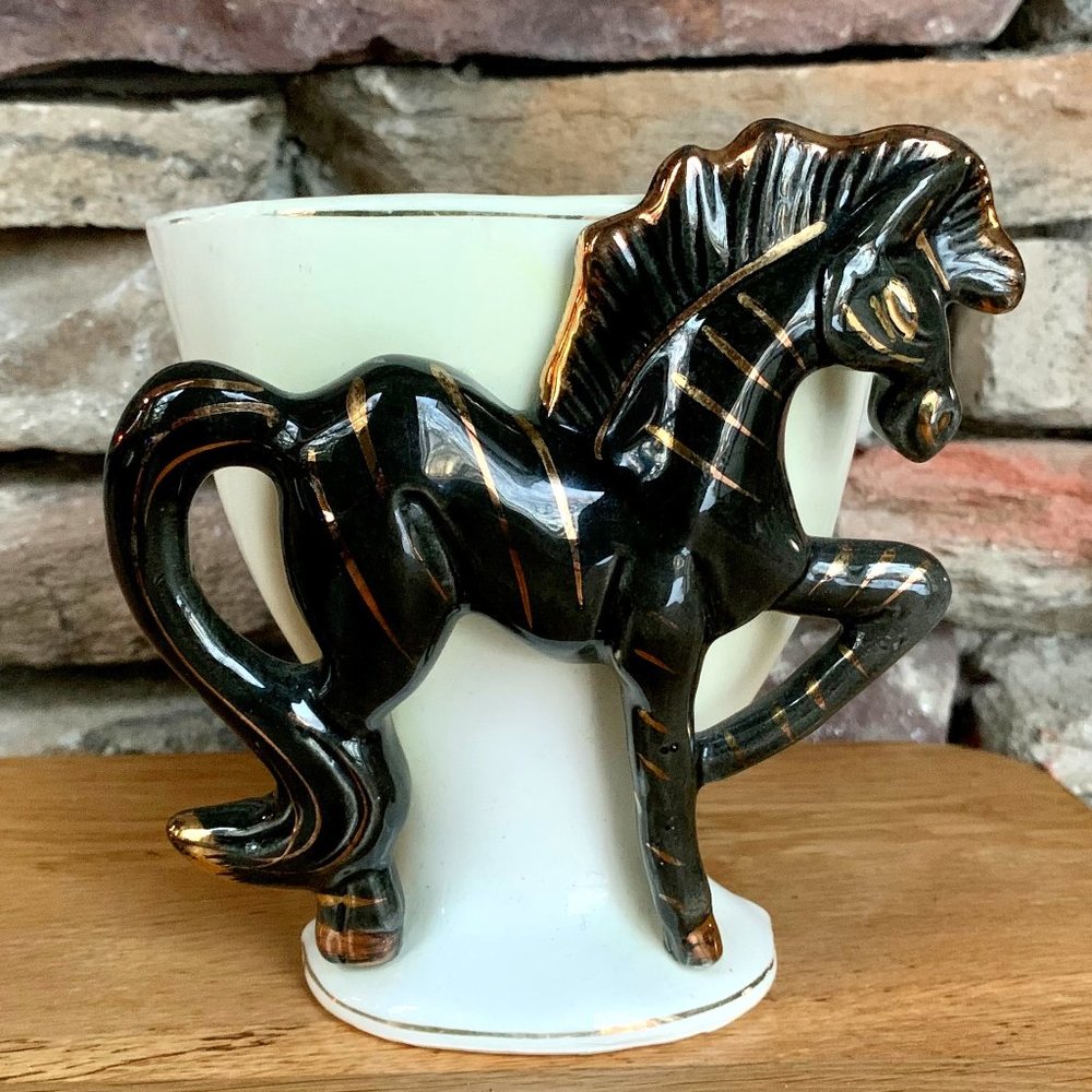 VTG Black Zebra Wall Pocket MCM 50s Sleek Gold Planter Ceramic Horse Japan